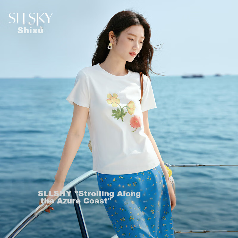 Sllsky Korean Style Floral Print Short Sleeve T-Shirt for Women 2026 Summer New Versatile Youthful Cropped Top
