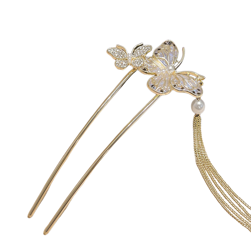 Xiangwan New Chinese Style Butterfly Tassel Hairpin Vintage Elegant Updo Hair Accessory for Women Gold
