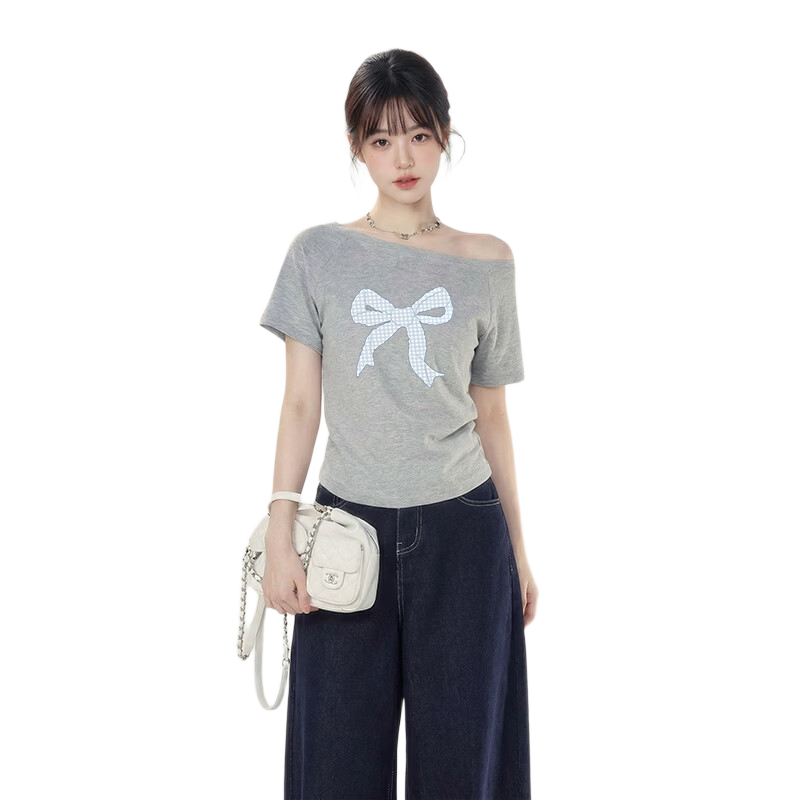TonLion Women's Short Sleeve Off-Shoulder Asymmetric T-Shirt 2026 Summer New Korean Style Petite Half Sleeve Top