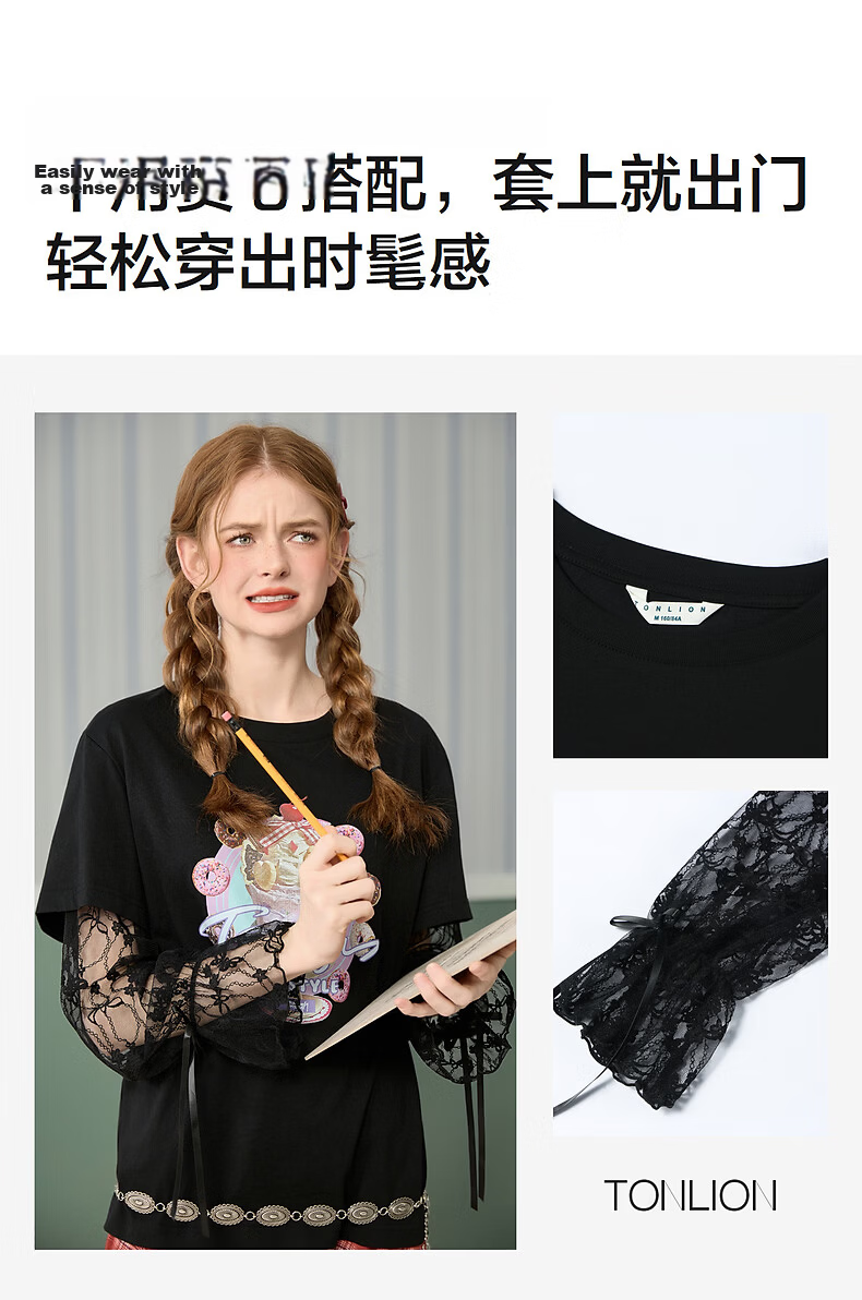 TonLion 2026 Spring Women's Fake Two-Piece Long Sleeve T-Shirt Black M 2