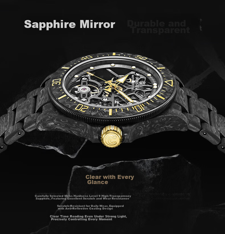CRONUSART Kluos Full Carbon Fiber Men's Automatic Mechanical Watch Business Hollow Luminous Wristwatch 6