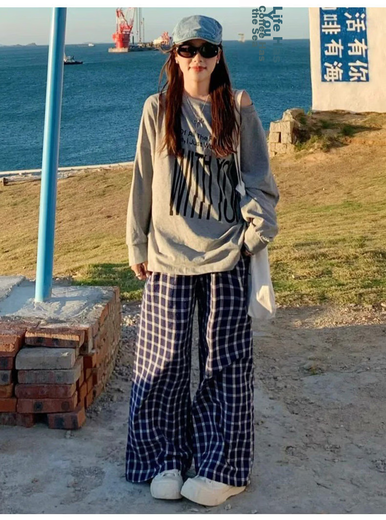 Borui Zhao Lusi Style Bubble Gauze Plaid Wide-Leg Summer Breathable Casual Straight Pants for Women 15