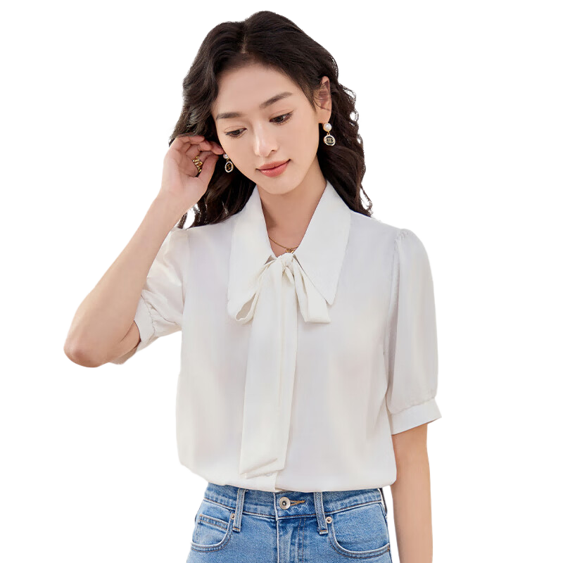 Chushen Summer Short-Sleeve Shirt for Women, Butterfly Bow Tie-Up Commuter White Blouse S13KC1041, Size 2XL