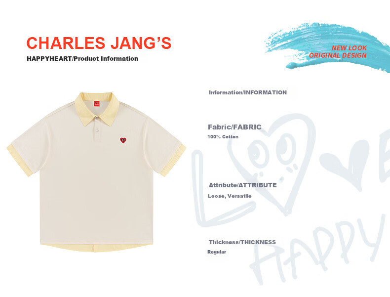 Charles Peach Heart American Style Trendy Fake Two-Piece Small Heart Pure Cotton Couple Casual Short Sleeve Polo Shirt Unisex Light Khaki XS 7