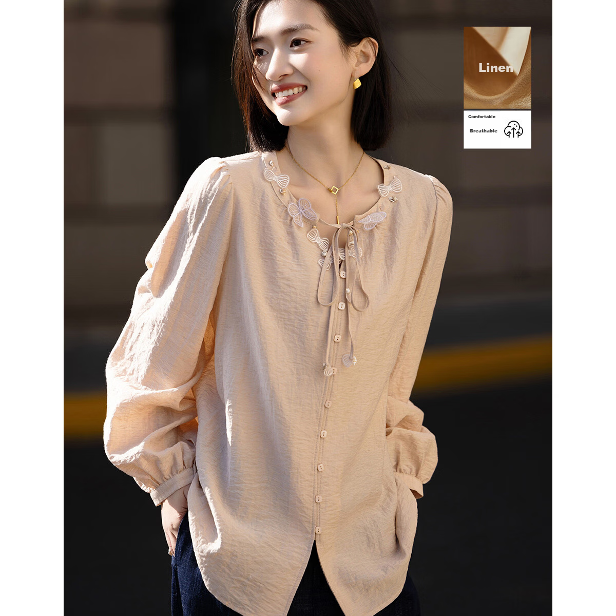 Demana [With Linen] Spring Sweet Style Ribbon Butterfly Shell Puff Sleeve Loose Fit Petite Women's Shirt