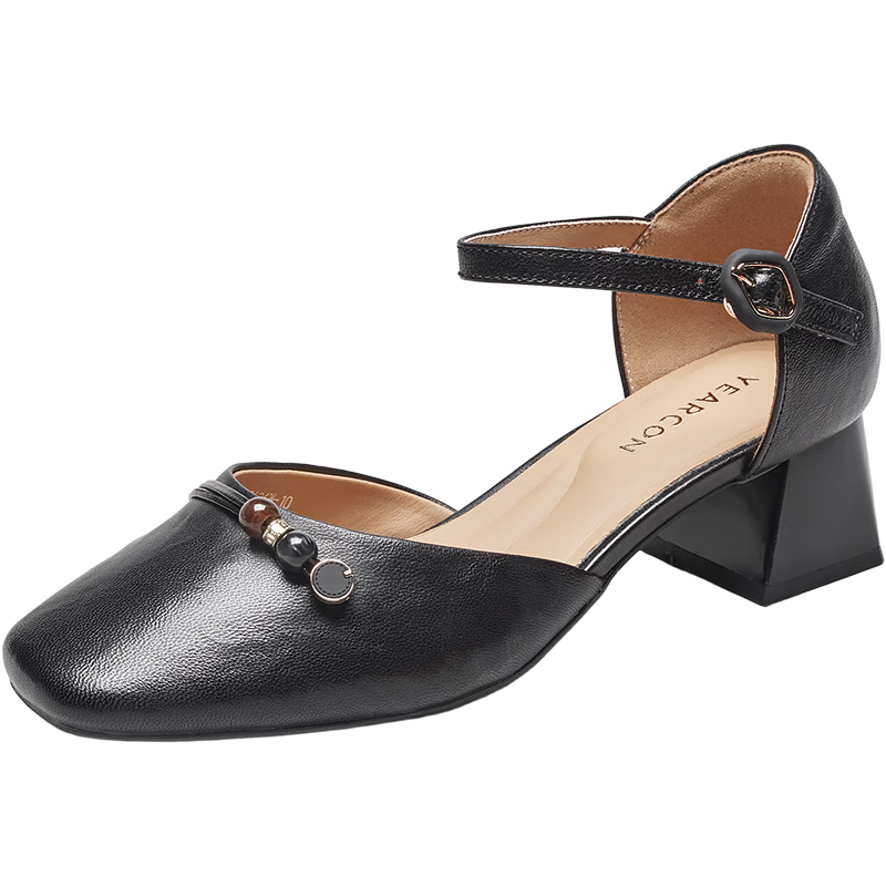 Eierkang Plus Size Women's Sheepskin Chunky Heel Hollow Mary Jane Peep Toe Sandals 27626W Black Size 40
