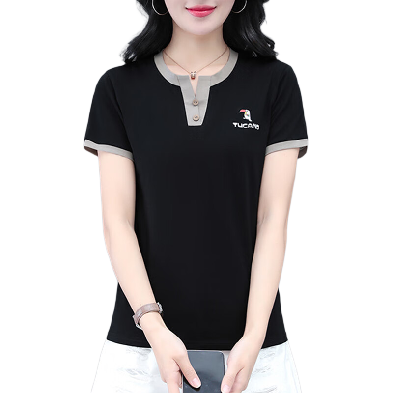 Woodpecker Pure Cotton Crew Neck Shoulder-Fit Short Sleeve T-Shirt for Women Summer New Slim Fit Half Sleeve Top Black 3XL