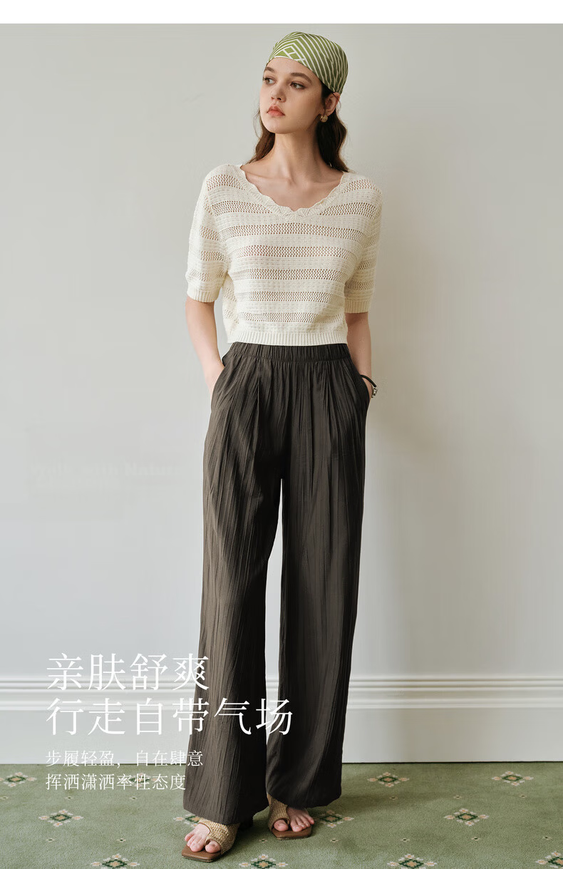 Olrain Women's Loose Lazy Straight-Leg Pants Summer Elastic Waist Casual Pleated Wide-Leg Pants Purple M 14