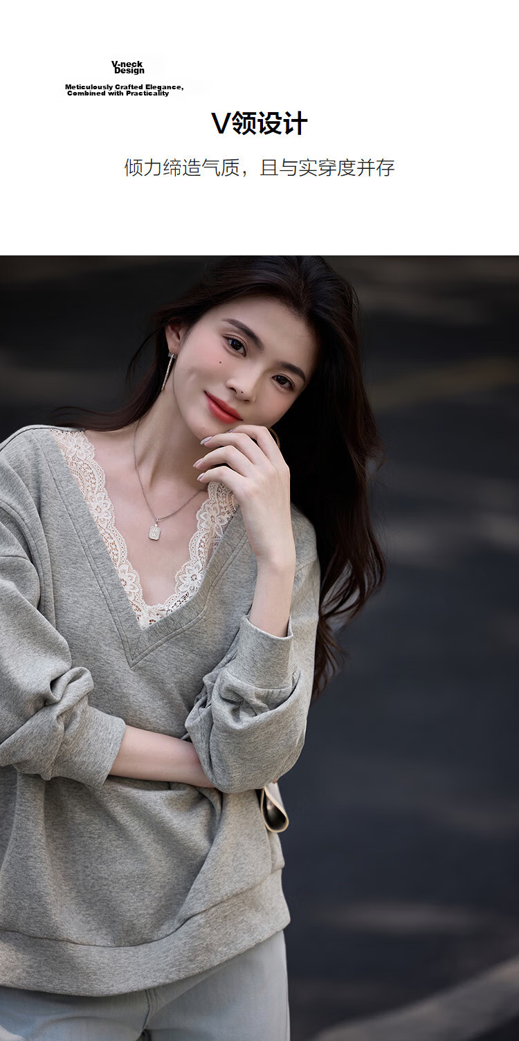 Dme 【Q】Spring Korean Style Lace Splice V-Neck Drop Shoulder Long Sleeve Petite Sweatshirt for Women 6