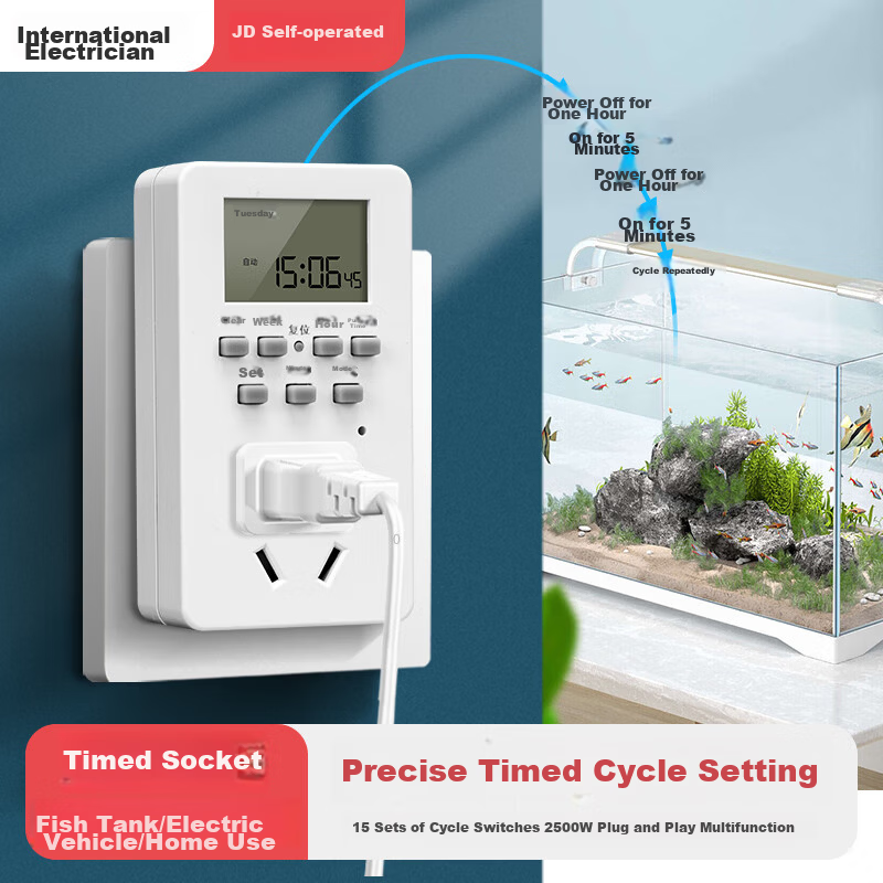International Electric Timer Socket National Standard Digital Display Electronic Timer Switch Timing/Countdown/Intermittent Cycle Power On-Off 24-Hour Segment Conversion Socket Auto Power Off 10A