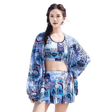 Barbie Women's Three-Piece Swimsuit Set: Conservative Fashion Printed Boyshorts, Tummy Control, Slimming, Small Chest, Beach Vacation Swimwear