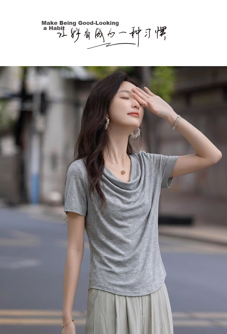 Demana [With Wool and Lyocell] Summer Elegant Draped Collar Soft Stretch Slim Fit Versatile Women's T-Shirt 1