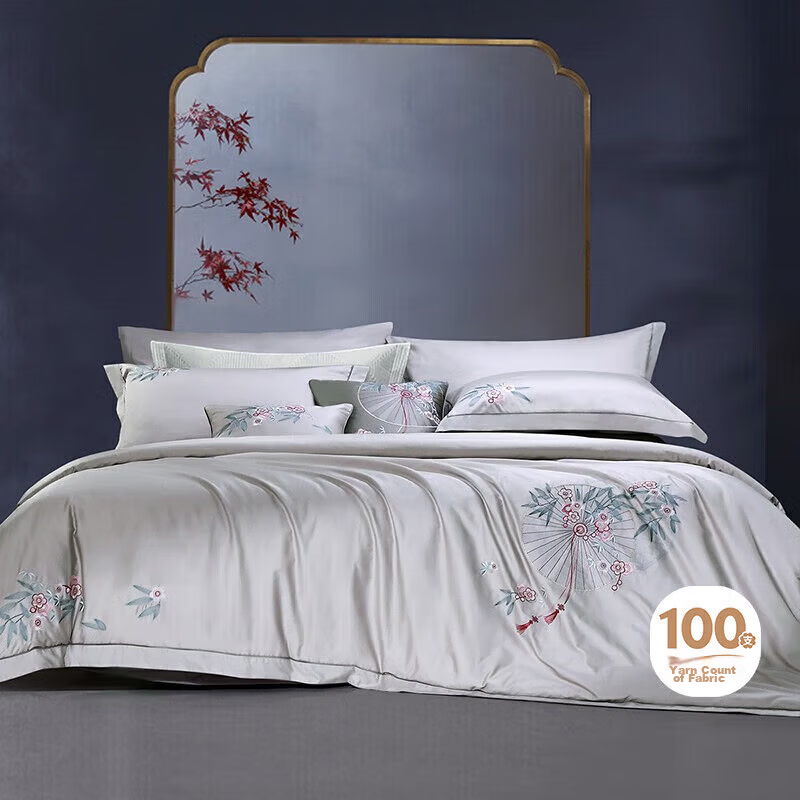 Fuanna 100-Thread Count Long-Staple Cotton Four-Piece Set High-End Chinese Style Embroidery High-Count High-Density Pure Cotton Bedding Set Wedding Gift 1.8m