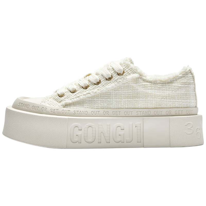 Gongji Casual Shoes Board Shoes Trendy Little Chanel Style Autumn Height Increasing Canvas Women's Shoes White Size 35 [Ju Jingyi Same Style]