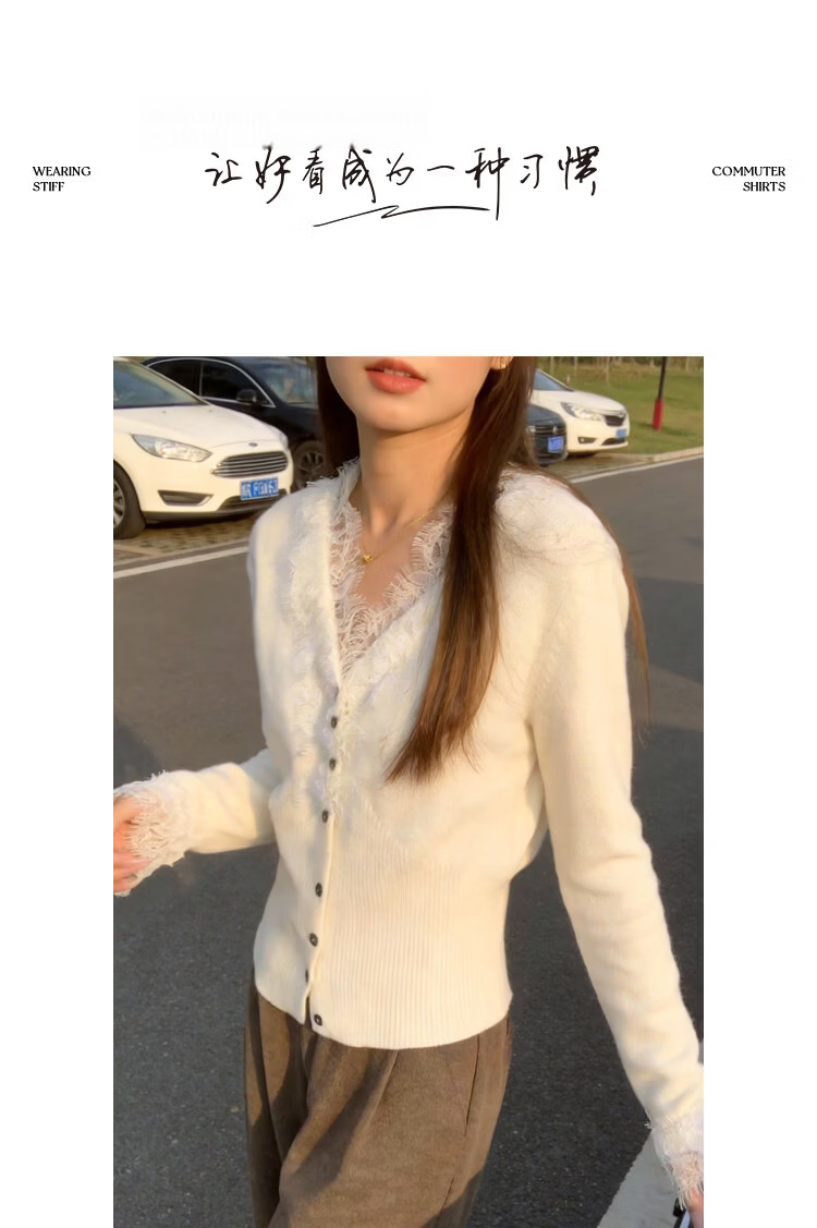 Demana Spring Elegant V-Neck Lace Trim Wool Blend Slim Fit Knit Cardigan for Women 9