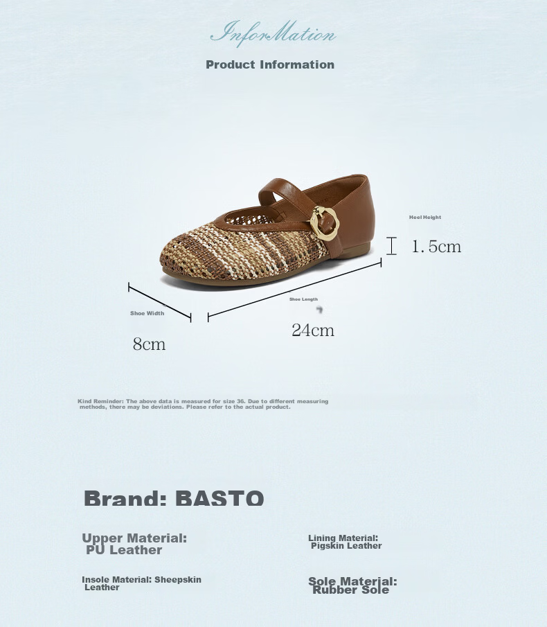 BASTO Woven Mary Jane Ballet Flats Women Low Heel Shallow Single Shoes F1059BQ6 7