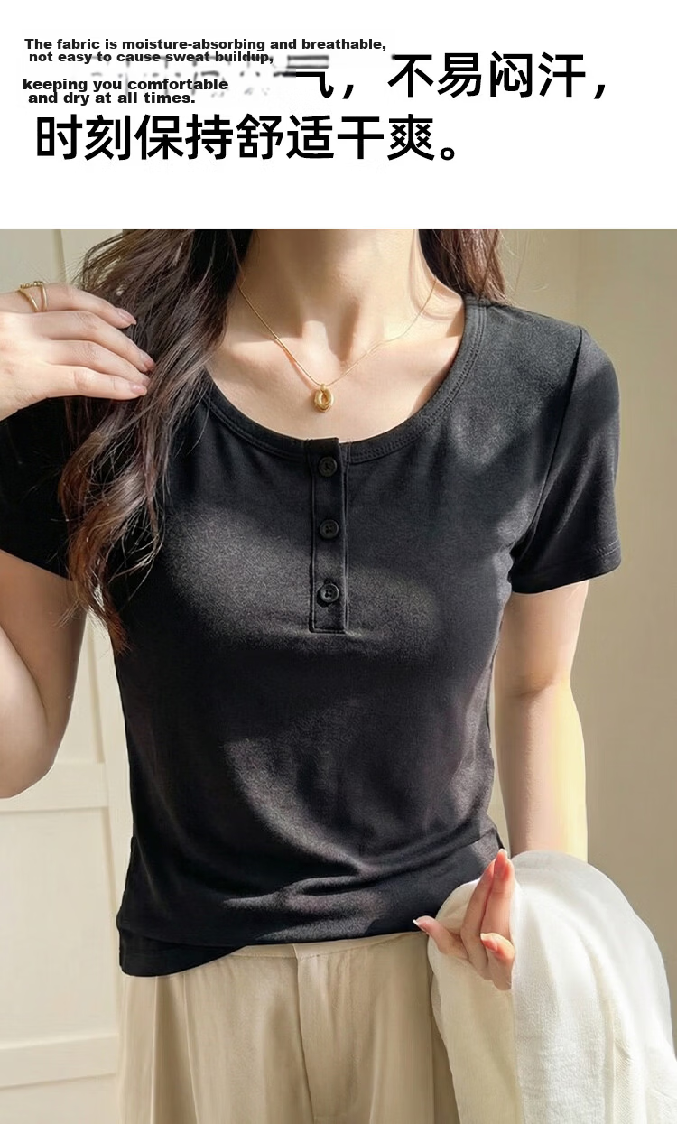 Audifine Women's U-Neck Base Layer T-Shirt Spring Summer Lenzing Tencel Button Short Sleeve Breathable Soft Black XL 8