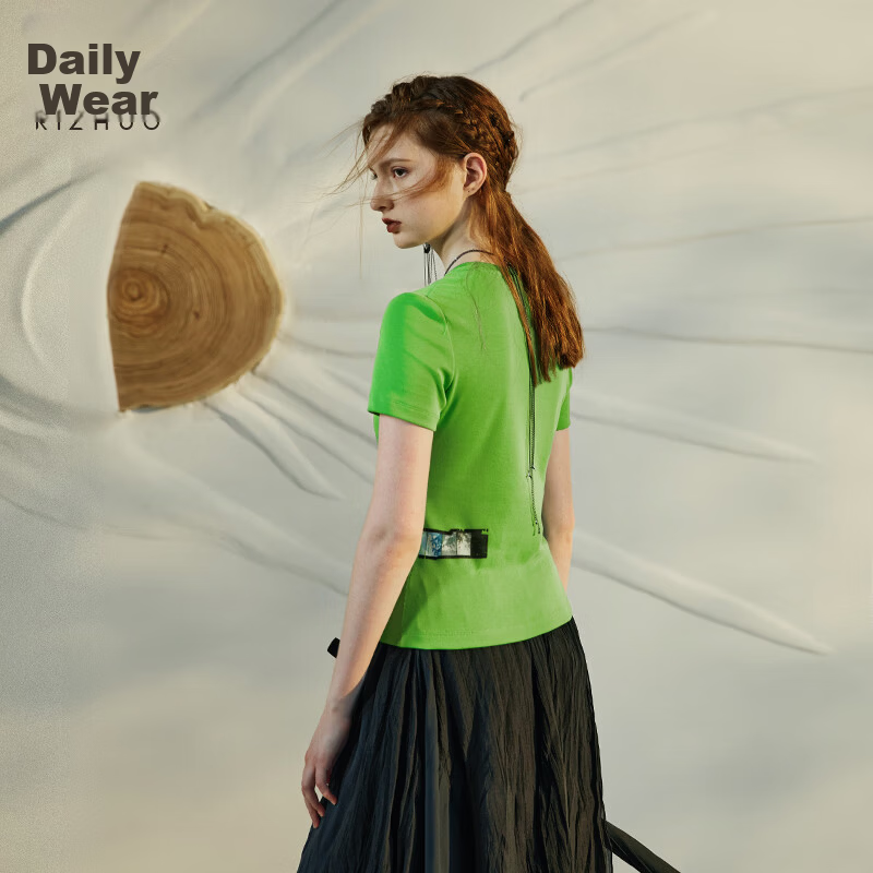Rizhuo RIZHUO Printed Short Sleeve T-Shirt 2026 Summer New Round Neck Shoulder Summer Top Green M