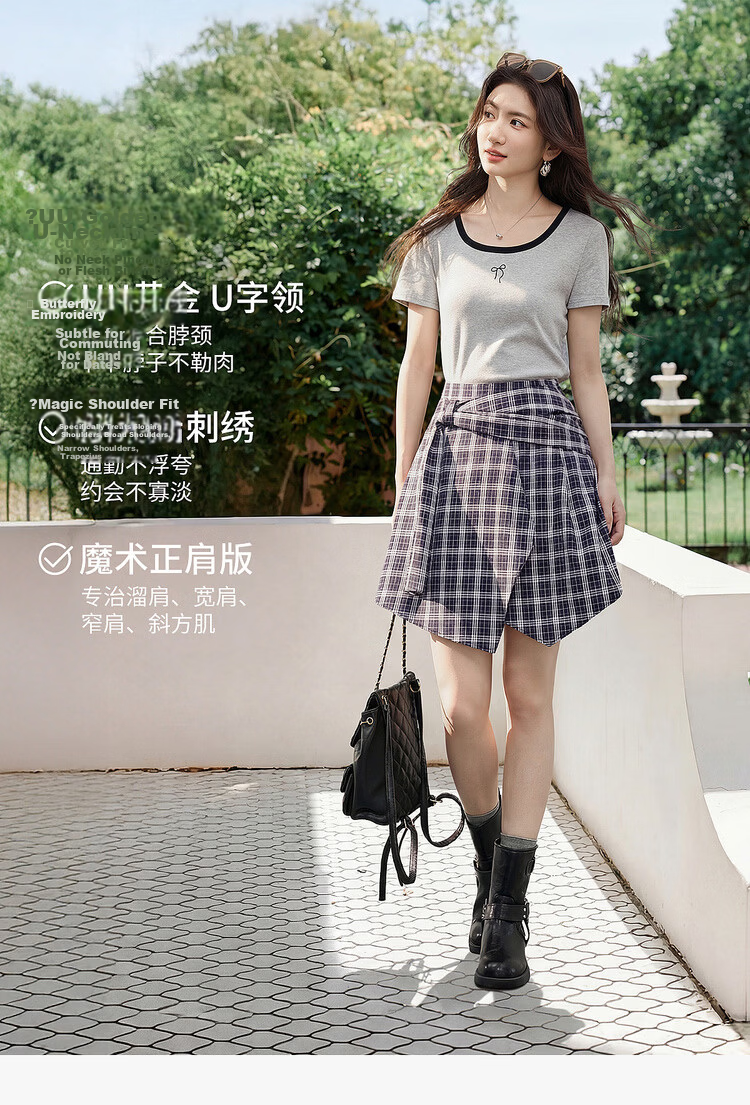 Shangdu Bila Colorblock U-Neck Cotton Blend T-Shirt Women Spring Bow Embroidery Stretch Knit Top Gentle Youthful Temperament Layering 2