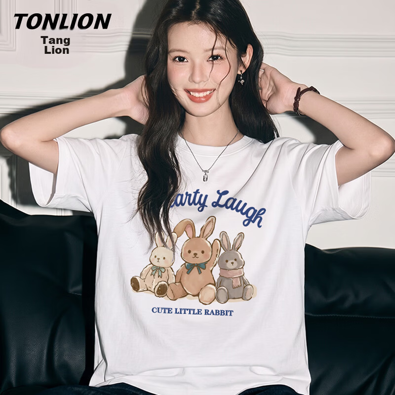 TonLion Women's Pure Cotton Heavyweight Soft Cotton Short Sleeve T-Shirt Casual Cartoon Design Crew Neck Summer New Arrival