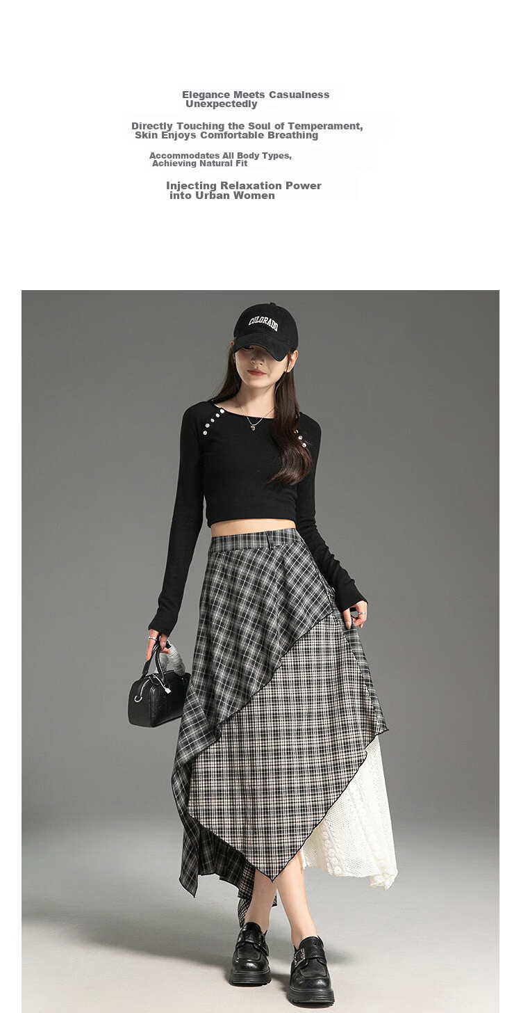 Demana Vintage Date Autumn Design Patchwork Plaid Striped A-Line Slimming Concealment High-End Women's Skirt 6