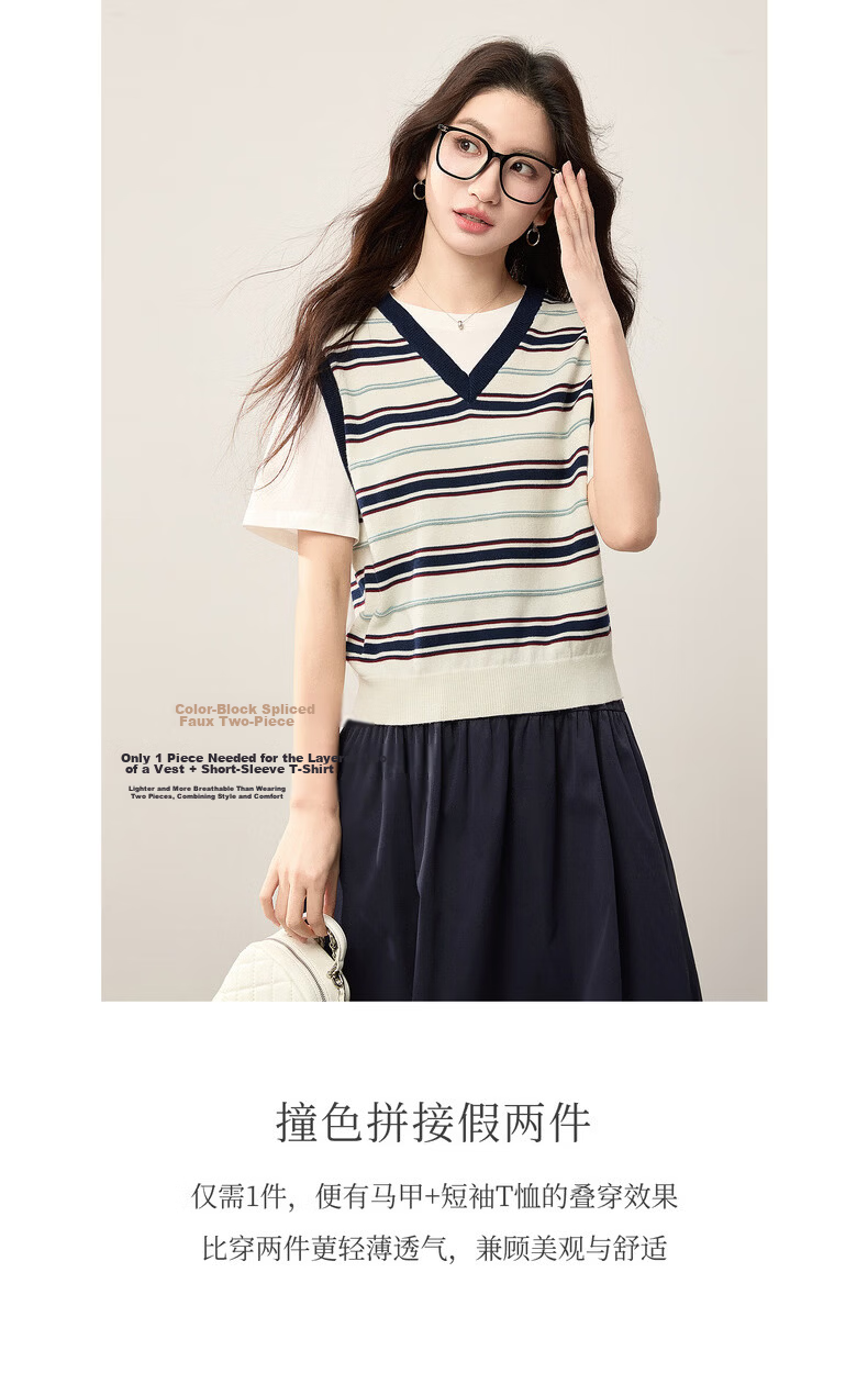 Sllsky College Style Colorblock Striped Patchwork Faux Two-Piece Wool Short Sleeve Knit Top Women 2026 Summer New Arrival 4