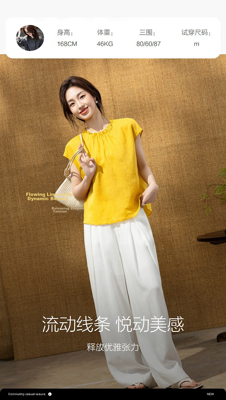 Demana [Ramie Lyocell Blend] Summer Artistic Style Ruffled Round Neck Cap Sleeve Slim Fit Shirt for Women High-End Feel 9