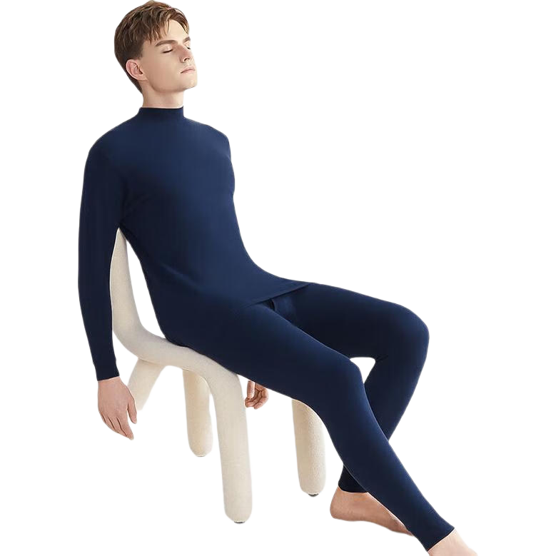 Hodo Men's Pure Cotton Autumn Underwear Set, Semi-Turtleneck Base Layer for Middle-Aged And Elderly, Navy Blue, Size 175/100