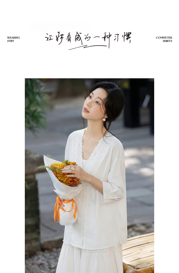 Demana Pure Cotton Breathable Poetic Summer Artistic Fresh Lace Spliced V-Neck Short Sleeve Shirt for Women 8