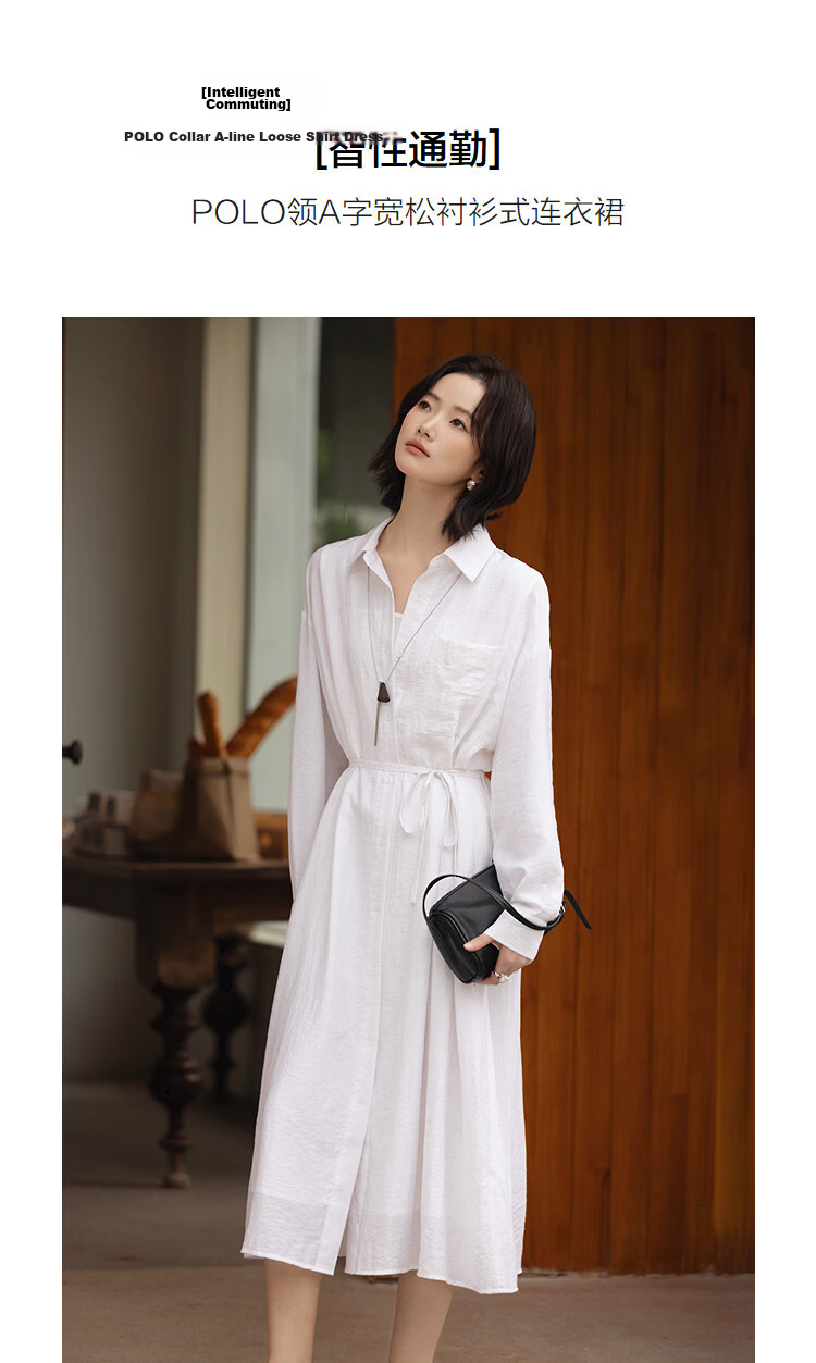 Demana [Linen-Viscose Blend] Spring Smart Casual Polo Collar A-Line Waist Cinched Petite Shirt Dress 5