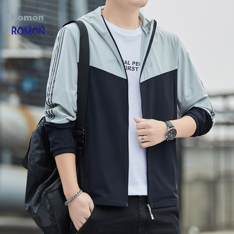 ROMON Men's Summer Sun Protection Jacket Ice Silk Breathable Casual Outdoor UV Protection Fishing Quick-Dry Coat 1226 Dark Blue 6X