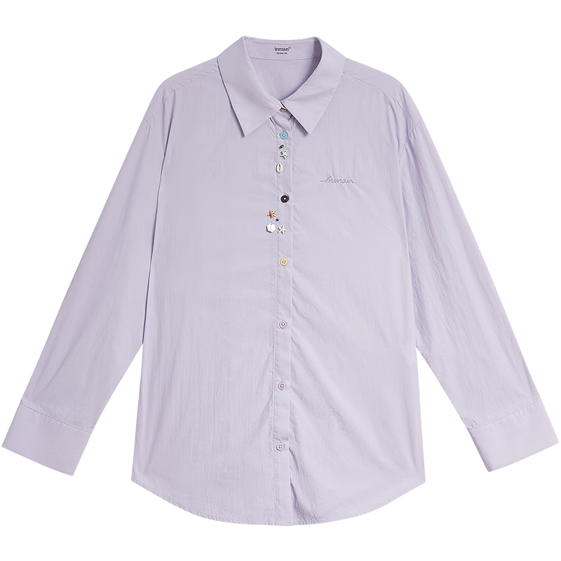 INMAN Simple Shell Beaded Embroidered Long Sleeve Shirt 26 Summer New Women's Commuting Turn-down Collar Top Purple S