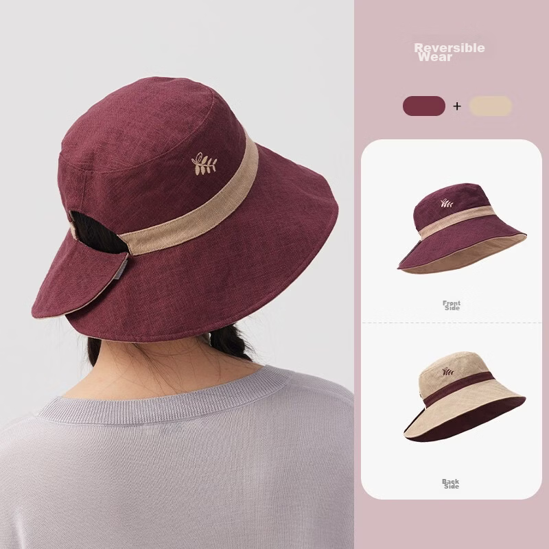 Lagur Natural Ramie Double-Sided Embroidered Fisherman Hat with Wild Berry Pattern, Large Head Circumference, Sun Protection, Red Rice Color