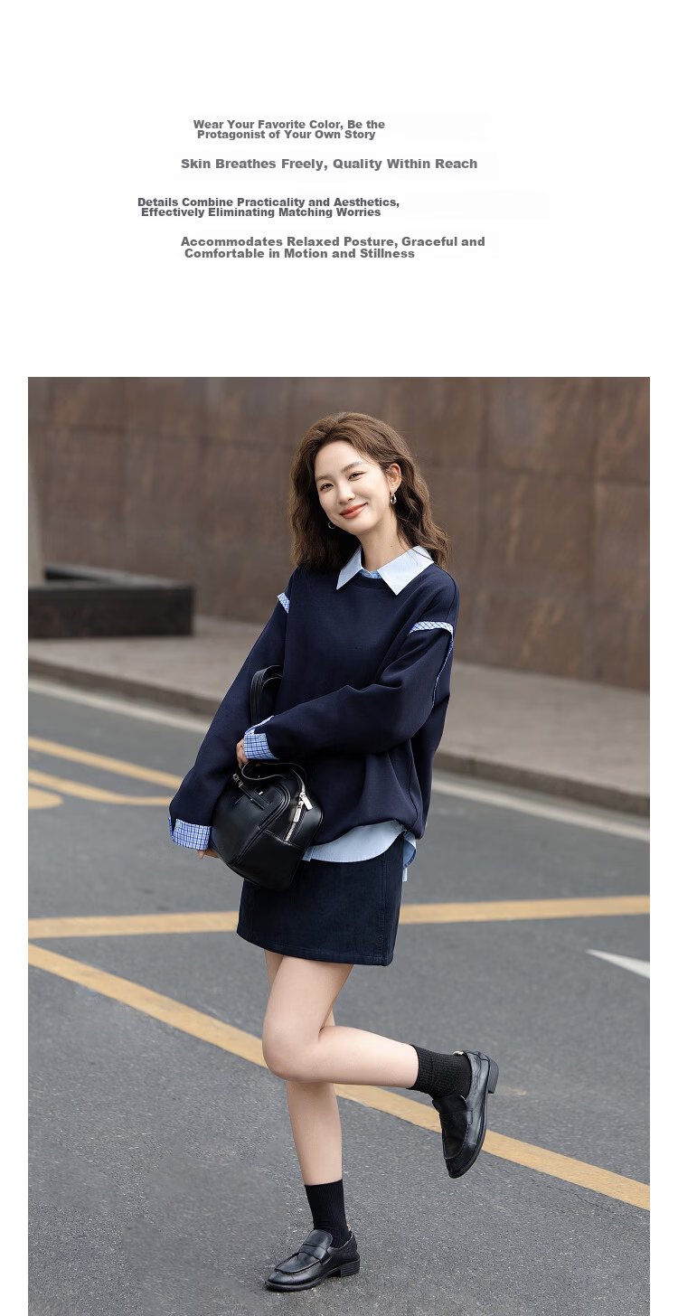 Demana [Comfort Elastic Air Layer] Autumn Simple Embroidered Letter Blueberry Print Loose Slim Sweatshirt for Women High-End Feel 3