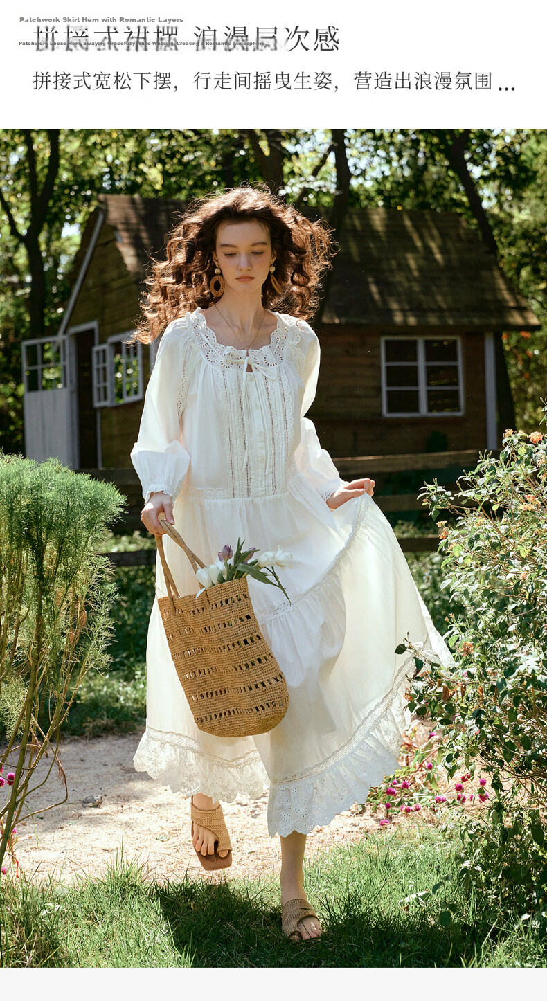 Olrain French Embroidered Hollow Lace Collar Long Sleeve Dress Women Spring Loose Elegant Long Dress White S 12