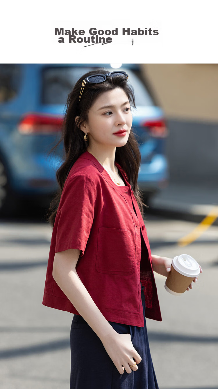 Demana [with Flax Cloud Oxygen Cotton] Summer Vintage Commuter Round Neck Short Sleeve Petite Slim Cropped Women's Jacket 1
