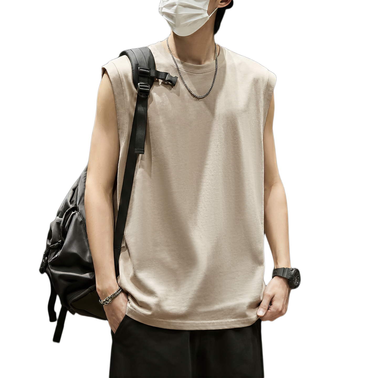 MINISO Men's Summer New Youth American Casual Vest Sports Pure Cotton Sleeveless T-Shirt Light Gray L