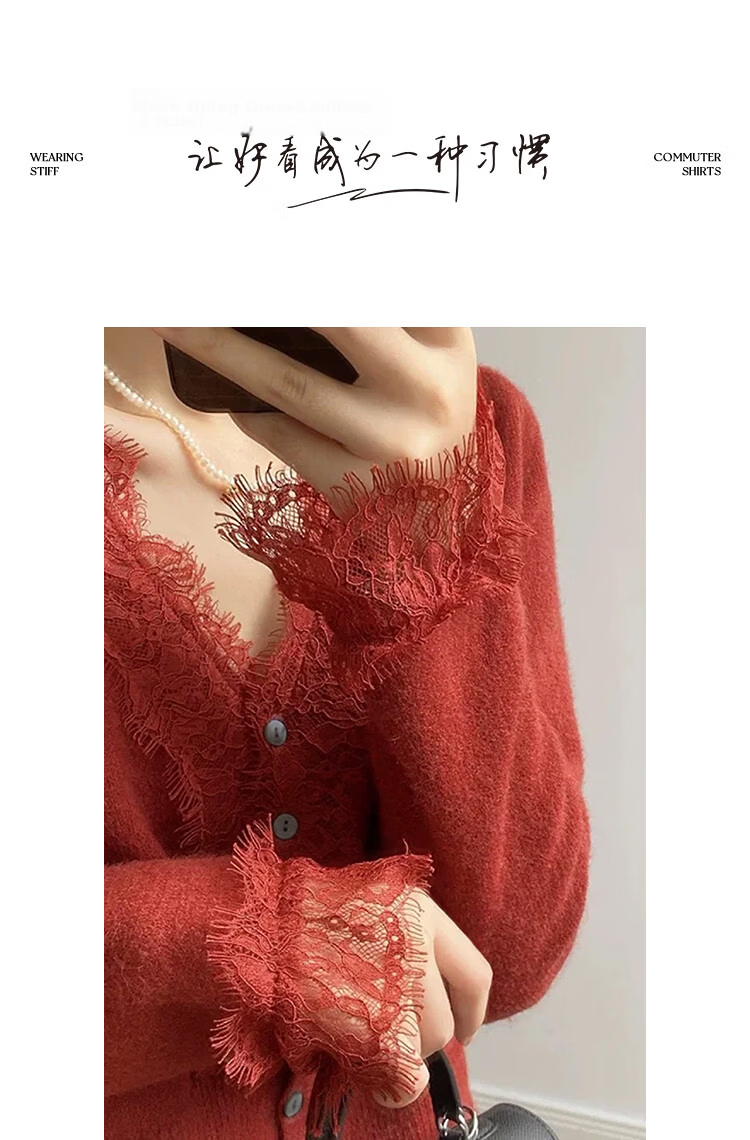 Demana Spring Elegant V-Neck Lace Trim Wool Blend Slim Fit Knit Cardigan for Women 15