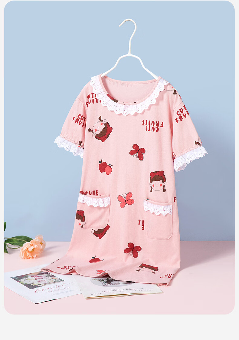 Dingguagua Girls' Nightgown, Princess Style, Pure Cotton, Lightweight for Summer, Little Girl's Loungewear, Children's Parent-Child Pajamas, Pink, Size 140 9