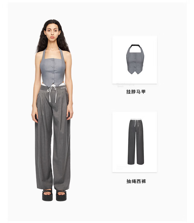 ANN ANDELMAN Official Straight-Leg Elastic Waist Spliced Striped Casual Trousers Gray M Celebrity Style 2