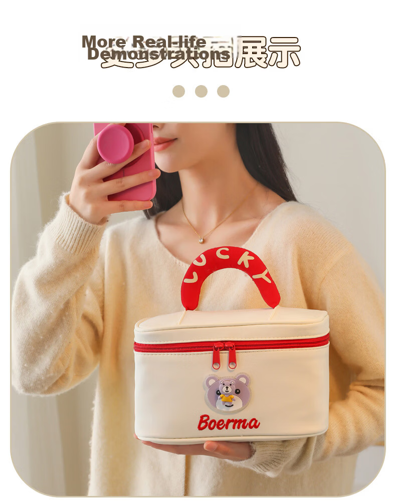 Qinxin Muyu Dopamine Bear Large Capacity Cosmetic Bag for Women Handheld Makeup Storage Portable Toiletry Bag Red and White 16