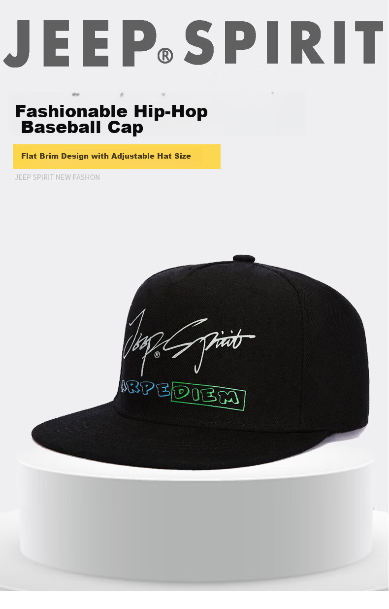 JEEP Men's Baseball Cap Fashion Trendy Duckbill Hat Sports Outdoor Travel Flat Brim Cap A0262 Black 1