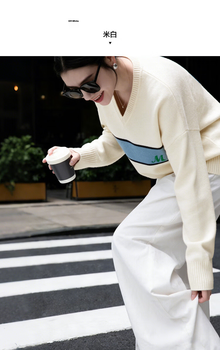 MT Warm Soft Yarn Spring Simple Colorblock Jacquard V-Neck Loose Knit Sweater for Women 9