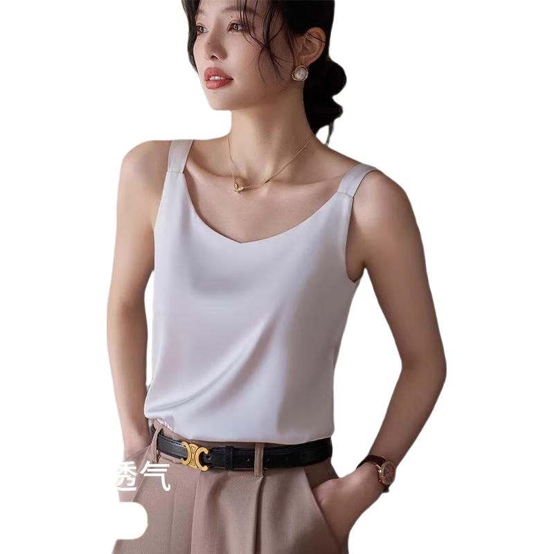 GUJIN Ice Silk Camisole Tank Top for Women, Satin Inner Wear, Sleeveless, Beautiful Back Design, Versatile Outerwear, Suitable As Undershirt Or Base Layer for Blazer