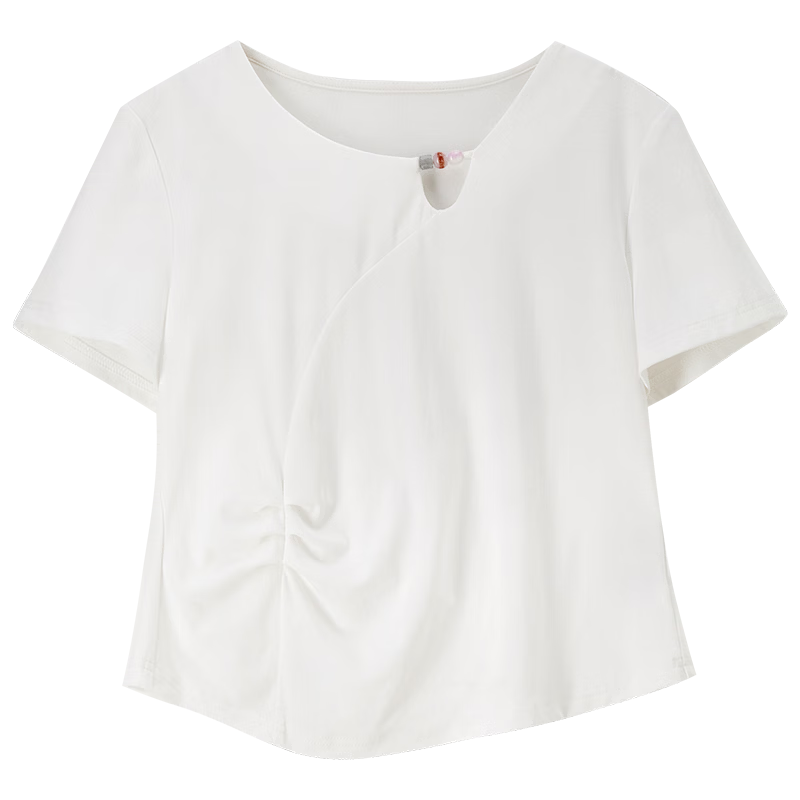Shangdu Bila Cool Feeling Lyocell Cotton Women's T-Shirt Spring Summer Hollow Beaded Round Neck Elegant Top Curved Split Pleats Women's Wear
