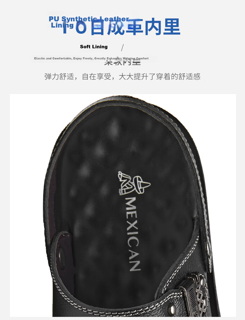 MEXICAN Men's First Layer Cowhide Sandals Beach Slip-On Hollow Out Shoes Black Size 44 10