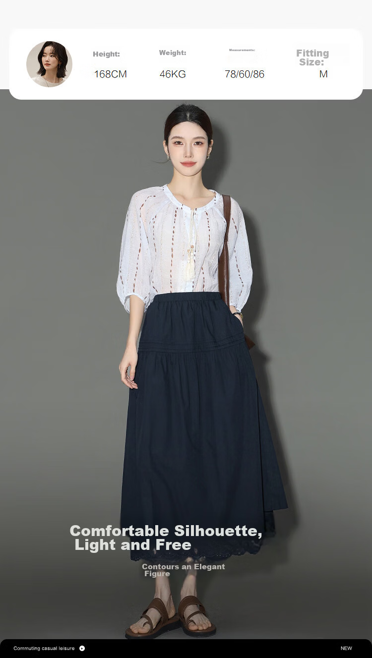 Demana [100% Cotton Poplin] Summer Elastic Waist Lace Splice Mid-Length Loose A-Line Slimming Skirt for Women Premium Quality 12