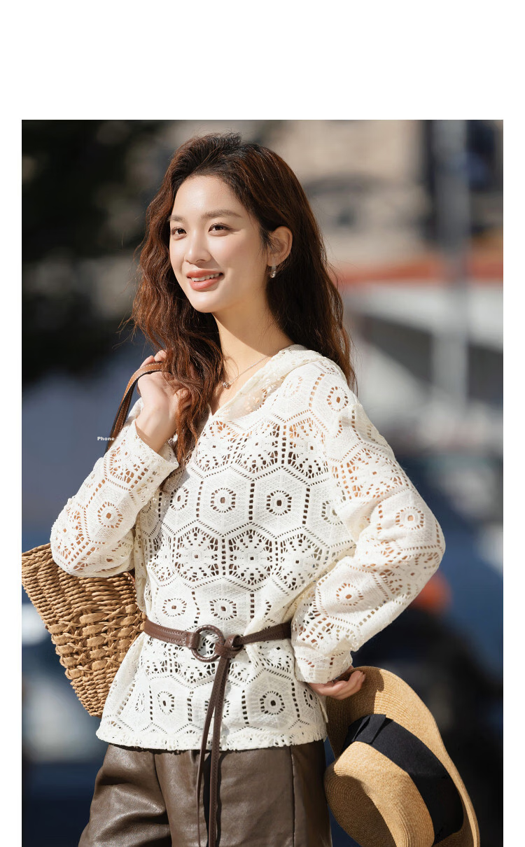 Demana [Moonlight Lace] Spring Elegant Lady Lightweight Hooded Hollow-out Design Loose Fit Petite Women's T-Shirt 11
