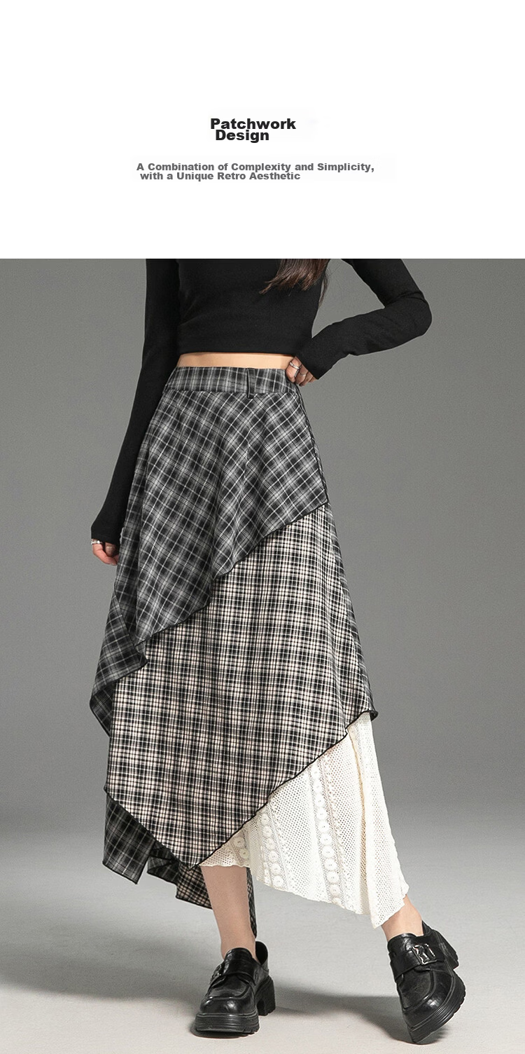 Demana Vintage Date Autumn Design Patchwork Plaid Striped A-Line Slimming Concealment High-End Women's Skirt 7