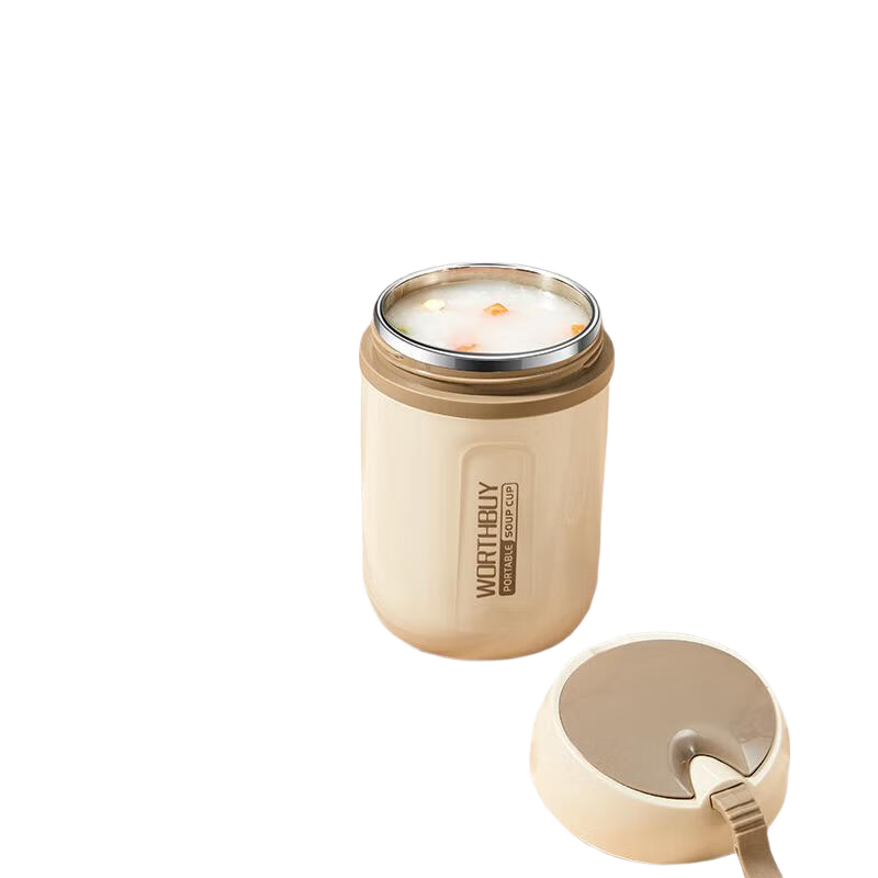 WORTHBUY Breakfast Milk Cup with Lid And Spoon, Portable Stainless Steel Soup Cup Insulated Water Bottle, Beige, 480ML
